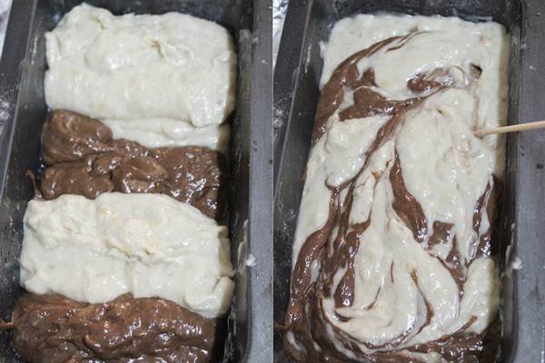 greasing pan for eggless banana marble cake