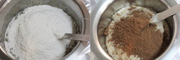 mixing flour for eggless banana cake